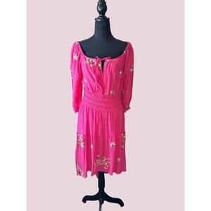 NWT Figueroa & Flower Pink Floral Embroidered Midi BOHO Dress - Size M